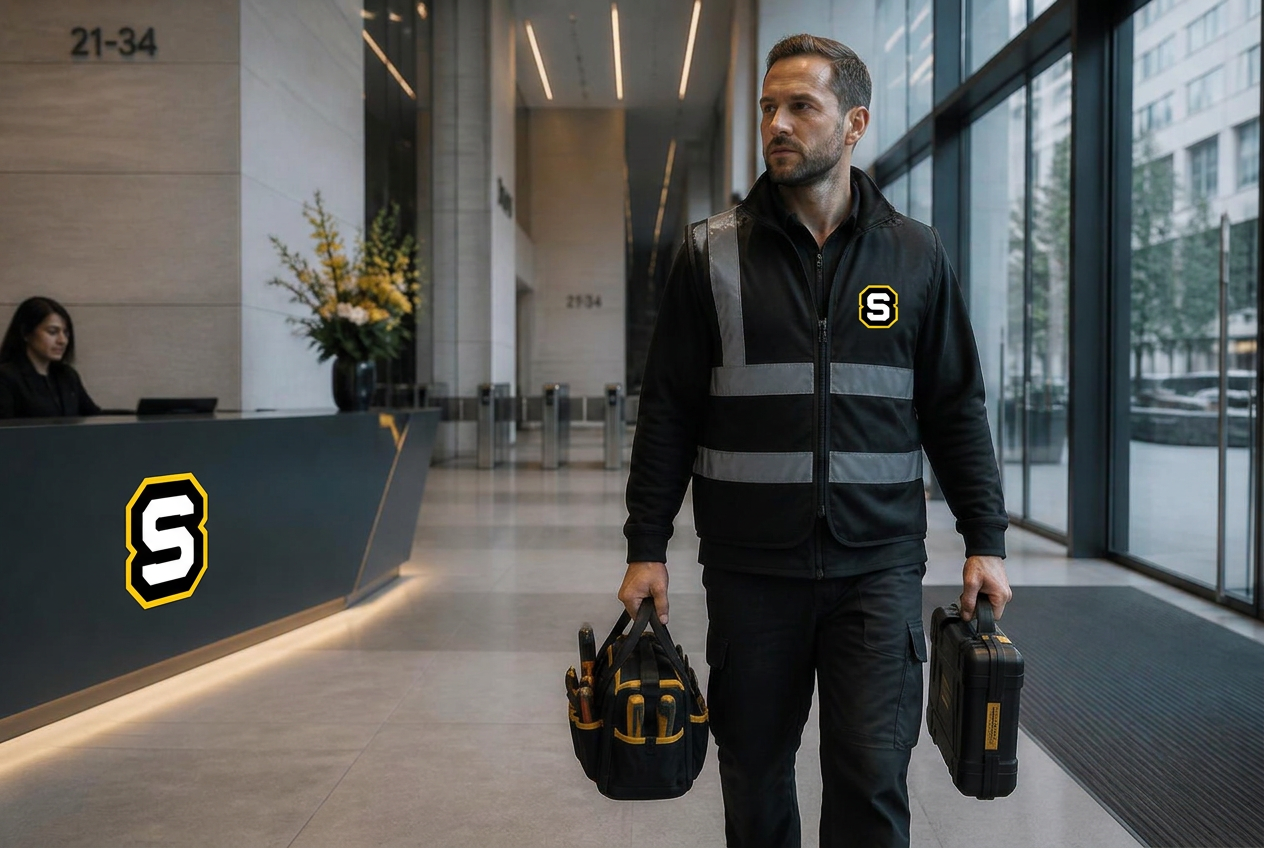 Storm Maintenance engineer walking through a London office lobby
